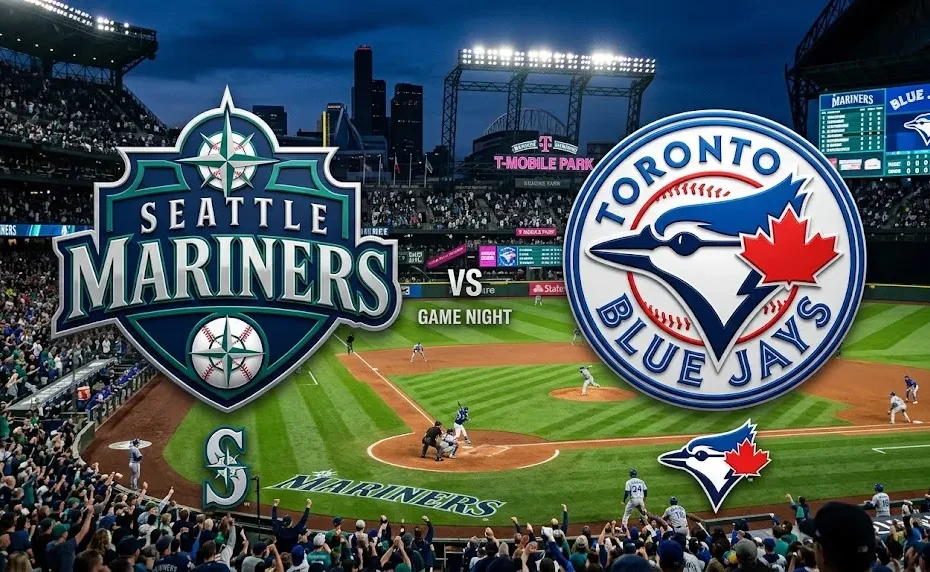 Seattle Mariners and Toronto Blue Jays official team logos and monograms displayed over an illuminated MLB stadium field at night during a game.