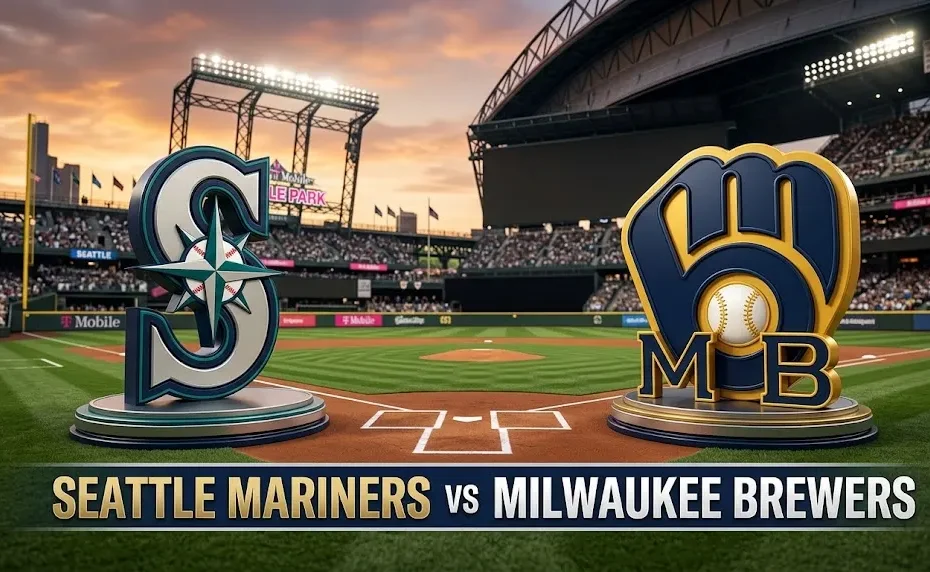 3D cinematic emblems of the Seattle Mariners compass logo and Milwaukee Brewers ball-in-glove monogram displayed over a lit MLB stadium field at dusk.