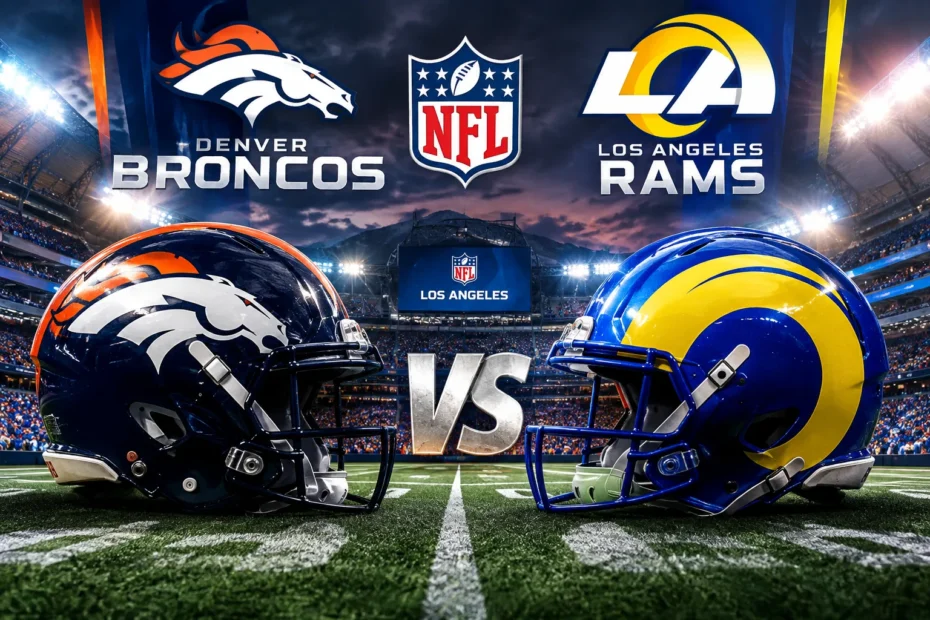 Denver Broncos vs Los Angeles Rams NFL matchup at a dramatic stadium with official team logos and helmets