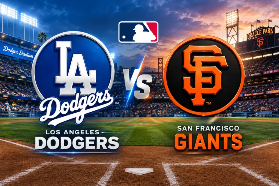 Los Angeles Dodgers vs San Francisco Giants MLB featured image with team logos and monograms at an MLB baseball stadium