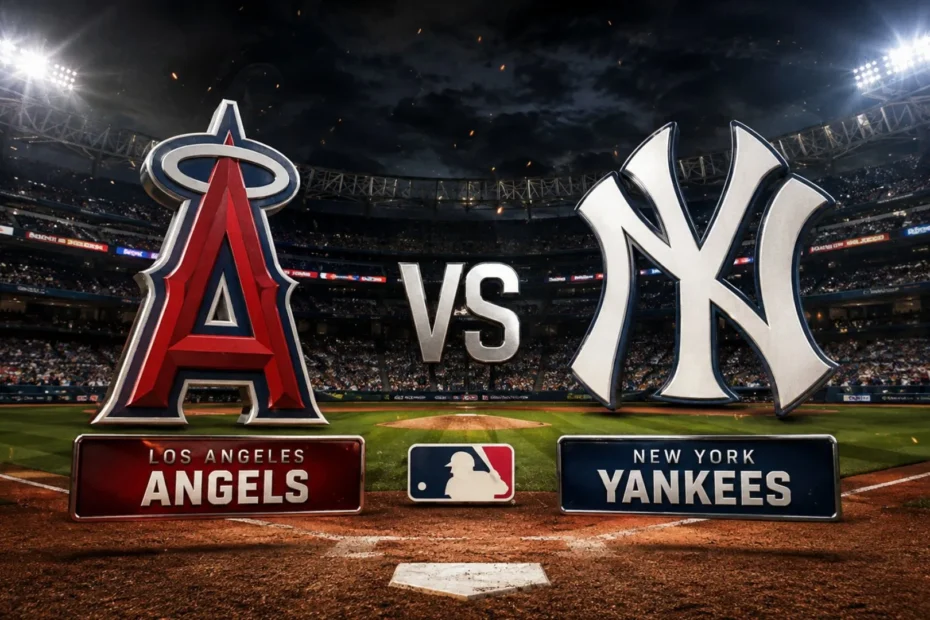 New York Yankees celebrate a 6-3 win over the Los Angeles Angels in 10 innings at Angel Stadium, featuring Austin Wells' go-ahead single.