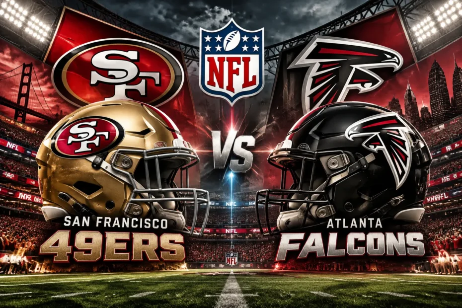 San Francisco 49ers vs Atlanta Falcons matchup in a cinematic NFL stadium.