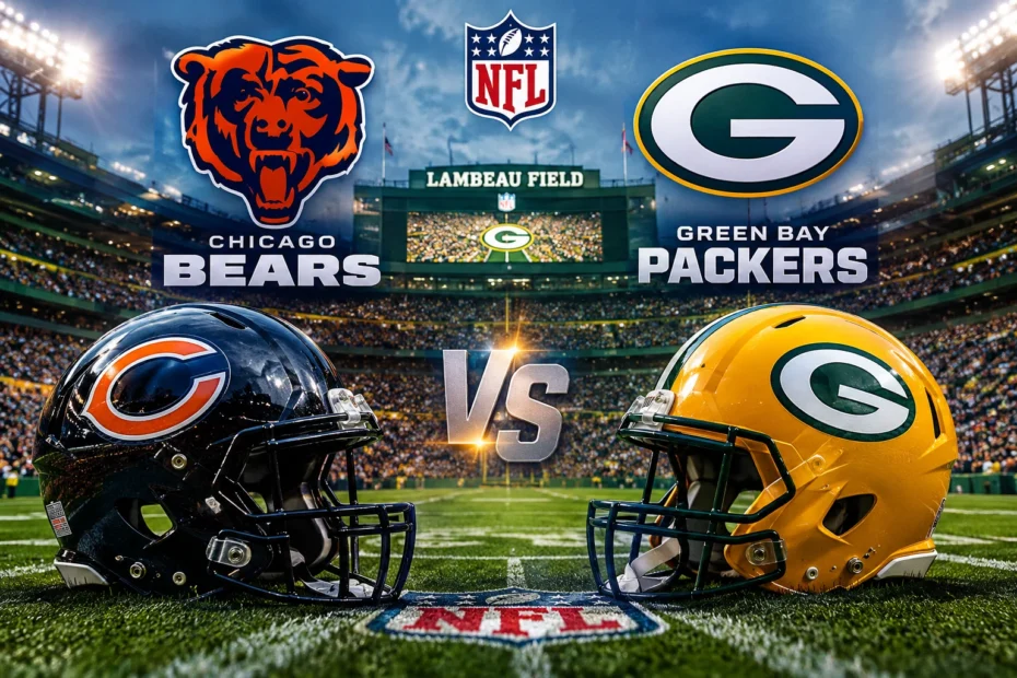 Chicago Bears vs Green Bay Packers NFL matchup featuring team logos and helmets at Lambeau Field