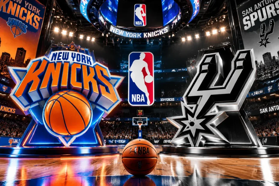 New York Knicks vs San Antonio Spurs match score and stats June 14 2026 NBA arena featuring team logos
